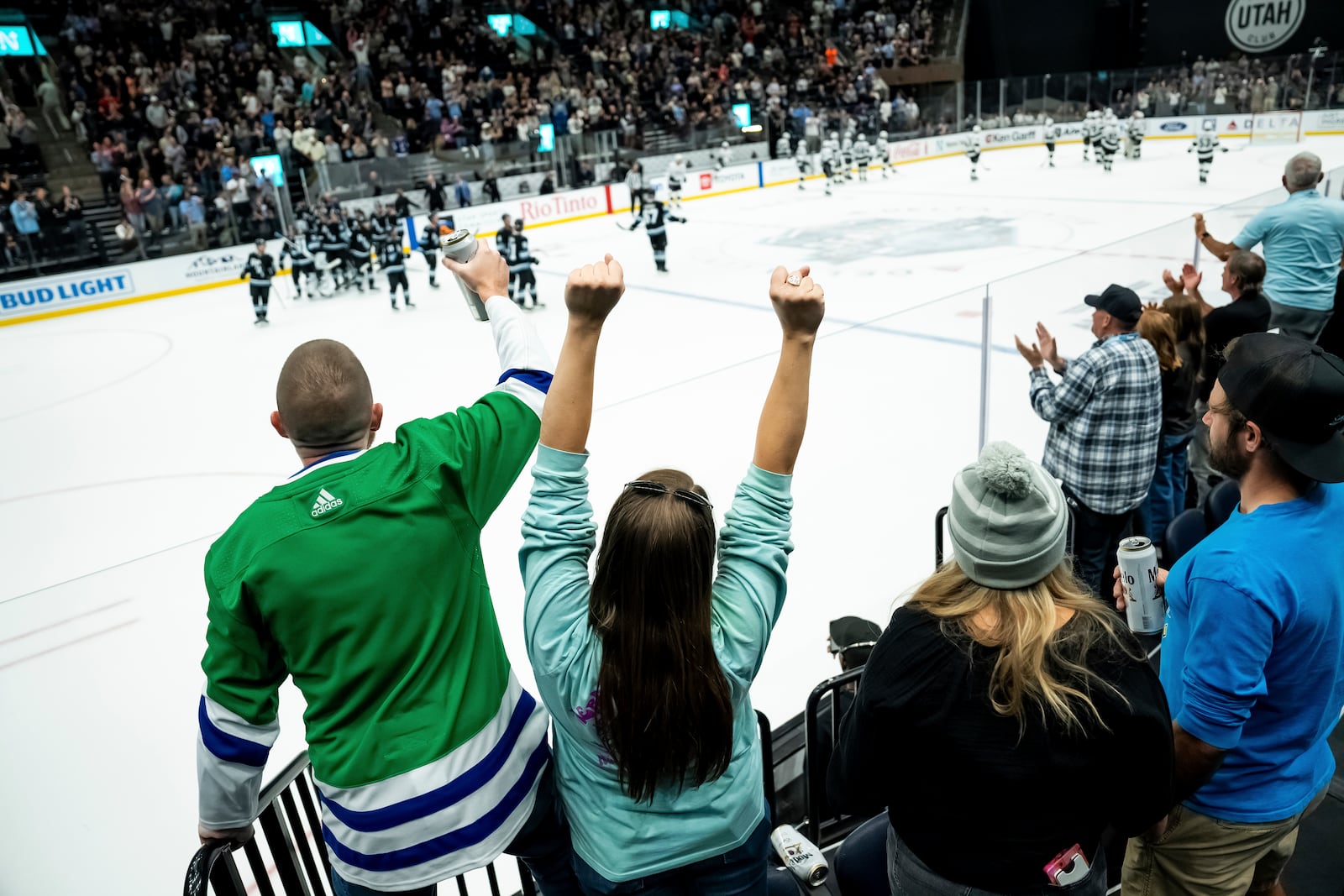 Fans cheer after the Utah Hockey Club beat the Los Angeles Kings in overtime in a preseason NHL hockey game, Monday, Sept. 23, 2024, in Salt Lake City. (AP Photo/Spenser Heaps)