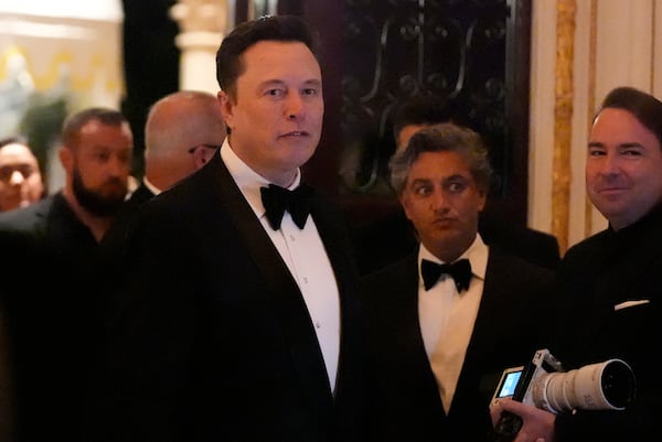 Elon Musk arrives before President-elect Donald Trump speaks during an America First Policy Institute gala at his Mar-a-Lago estate, Thursday, Nov. 14, 2024, in Palm Beach, Fla. (AP Photo/Alex Brandon)