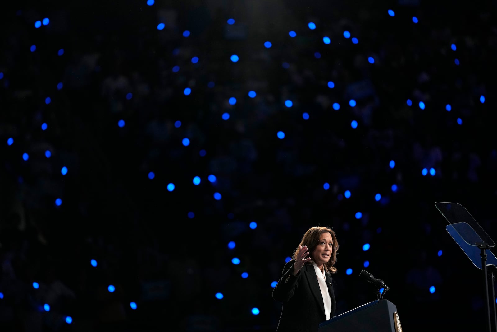 Democratic presidential nominee Vice President Kamala Harris speaks at a campaign rally at East Carolina University in Greenville, N.C., Sunday, Oct. 12, 2024. (AP Photo/Susan Walsh)