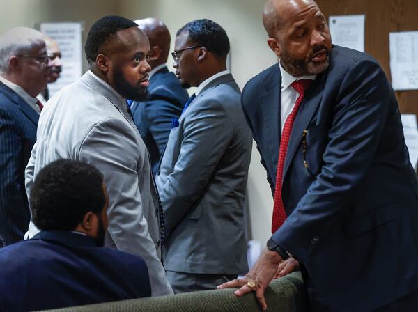Former Memphis Police officer Tadarrius Bean, left, appears in a Shelby County courtroom on Monday, April 28, 2025, to stand trial for second-degree murder in the beating death of Tyre Nichols after a 2023 traffic stop in Memphis. (Mark Weber/Daily Memphian via AP, Pool)