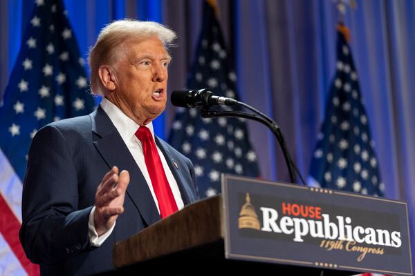 FILE - President-elect Donald Trump speaks at meeting of the House GOP conference, Nov. 13, 2024, in Washington. (AP Photo/Alex Brandon, File)