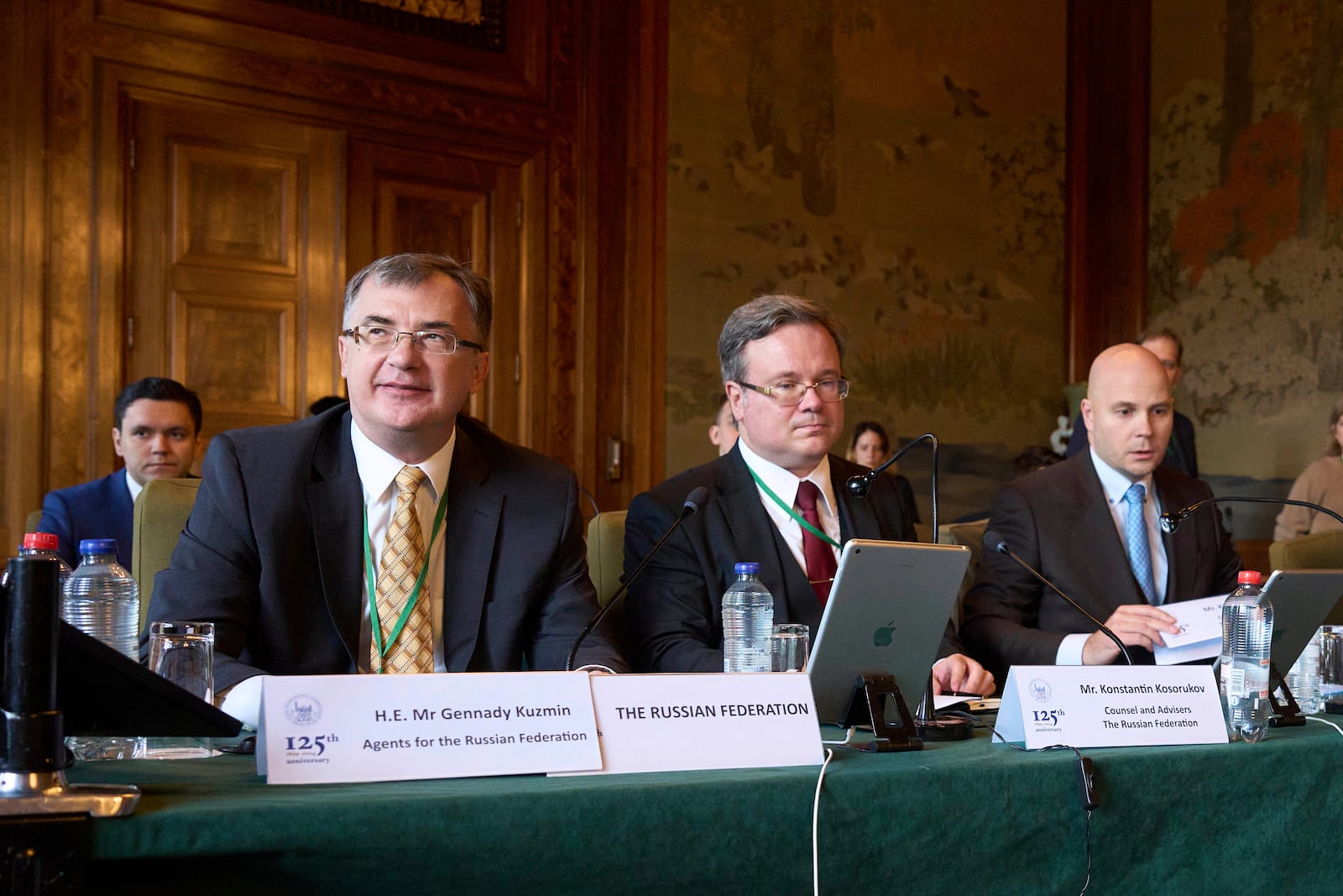 The Russian delegation at the start of PCA Case between Ukraine and the Russian Federation in the Netherlands, Monday, Sept. 23, 2024. (AP Photo/Phil Nijhuis)