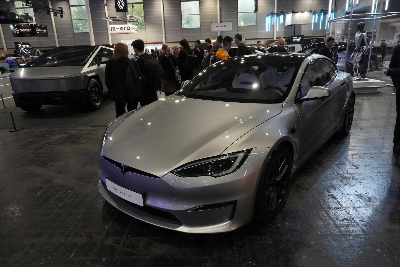 A Tesla Model S is pictured at the Paris Auto Show, in Paris, Monday, Oct. 14, 2024. (AP Photo/Michel Euler)