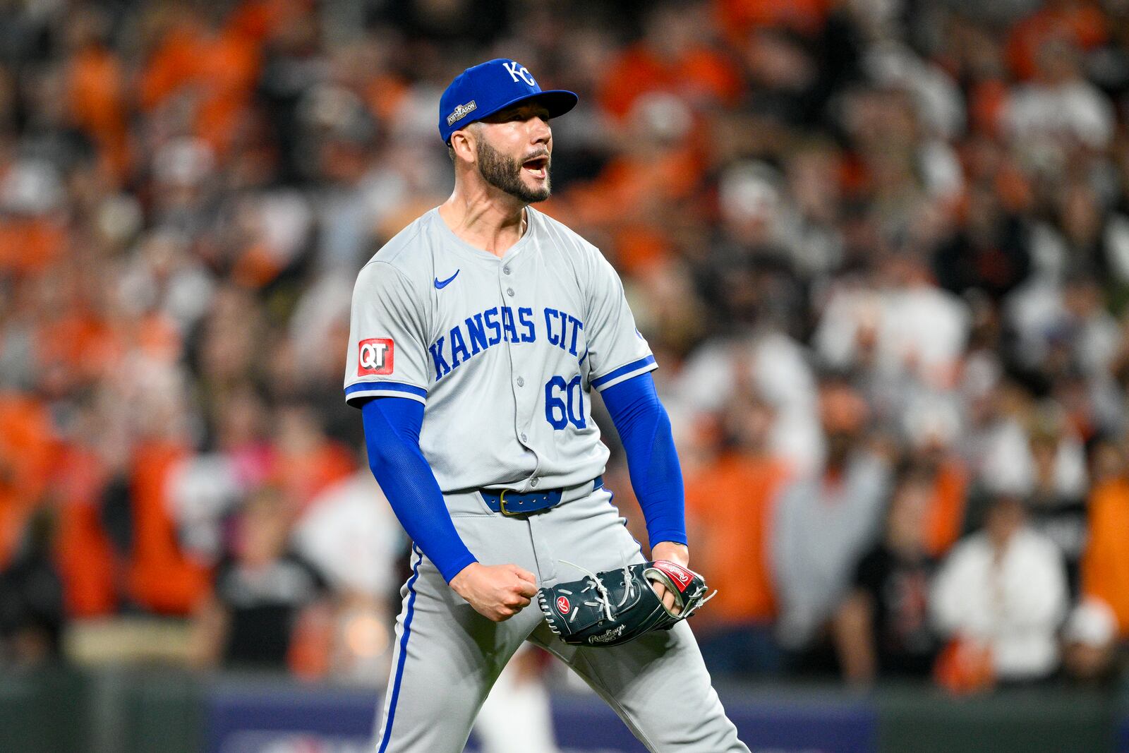 Kansas City Royals pitcher Lucas Erceg reacts after striking out Baltimore Orioles' Gunnar Henderson for the final out in Game 2 of an AL Wild Card Series baseball game, Wednesday, Oct. 2, 2024 in Baltimore. The Royals won 2-1. (AP Photo/Nick Wass)