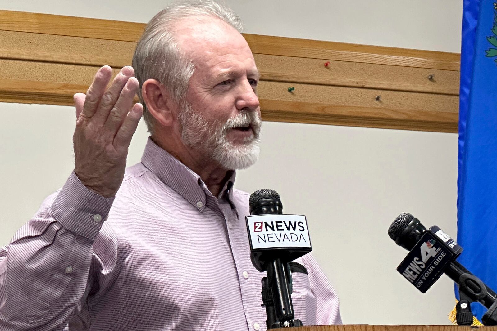 Esmeralda County Commissioner Ralph Keys speaks to reporters at BLM's Nevada headquarters in Reno, Nev., Thursday, Oct. 24, 2024, during a news conference announcing approval of a federal permit for Ioneer Ltd.'s lithium-boron mine now scheduled to begin construction next year in Esmeralda County near the California line about halfway between Reno and Las Vegas. Environmentalists are threatening to sue to try to block the mine they say will drive an endangered wildflower to extinction. (AP Photo/Scott Sonner)