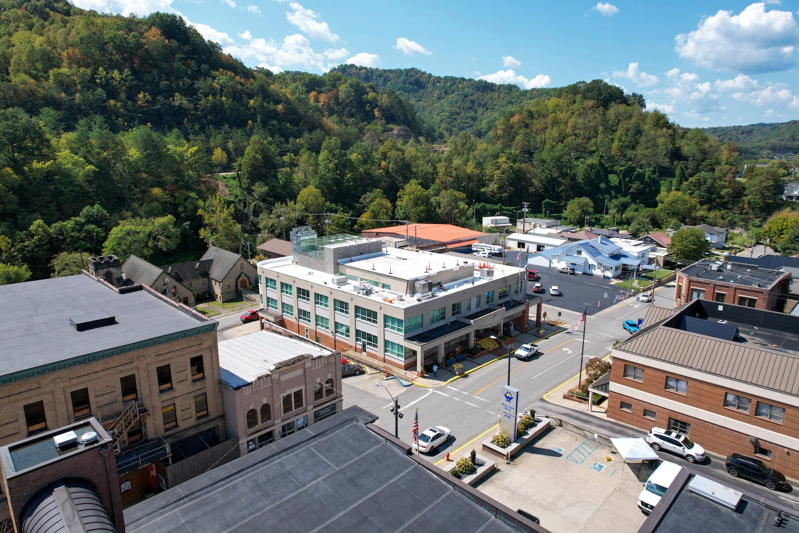 An aerial view shows Whitesburg, Ky., on Friday, Sept. 20, 2024. A preliminary investigation indicates Letcher County Sheriff Shawn “Mickey” Stines shot District Judge Kevin Mullins multiple times following an argument inside the courthouse, according to Kentucky State Police. (AP Photo/Randy Sartin)