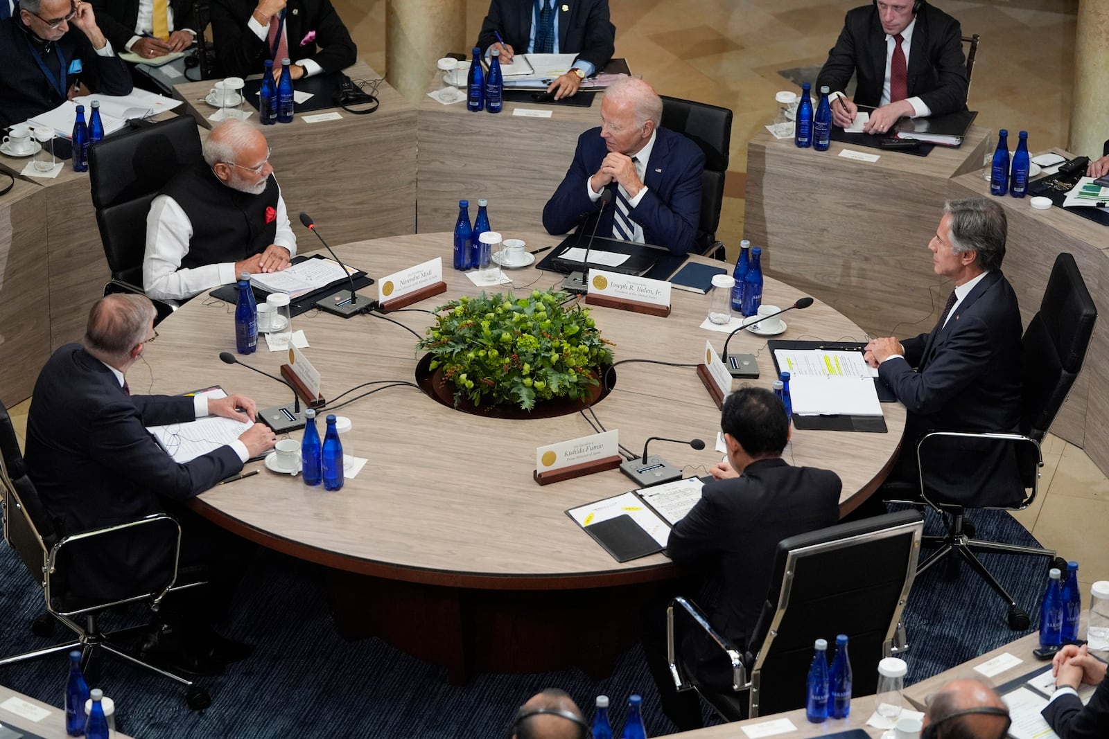 President Joe Biden, India's Prime Minister Narendra Modi, Australia's Prime Minister Anthony Albanese, Japan's Prime Minister Fumio Kishida and Secretary of State Antony Blinken, meets at the Quad leaders summit at Archmere Academy in Claymont, Del., Saturday, Sept. 21, 2024. (AP Photo/Mark Schiefelbein)