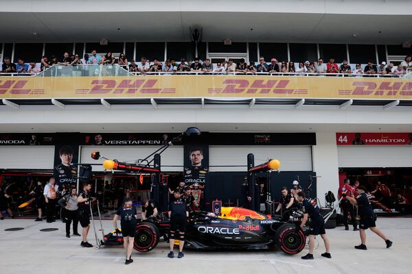 Red Bull driver Max Verstappen of the Netherlands gets a pit stop during the qualifying session for the Formula One Miami Grand Prix auto race at the International Autodrome, Saturday, May 3, 2025, in Miami Gardens, Fla. (Shawn Thew/Pool Photo via AP)