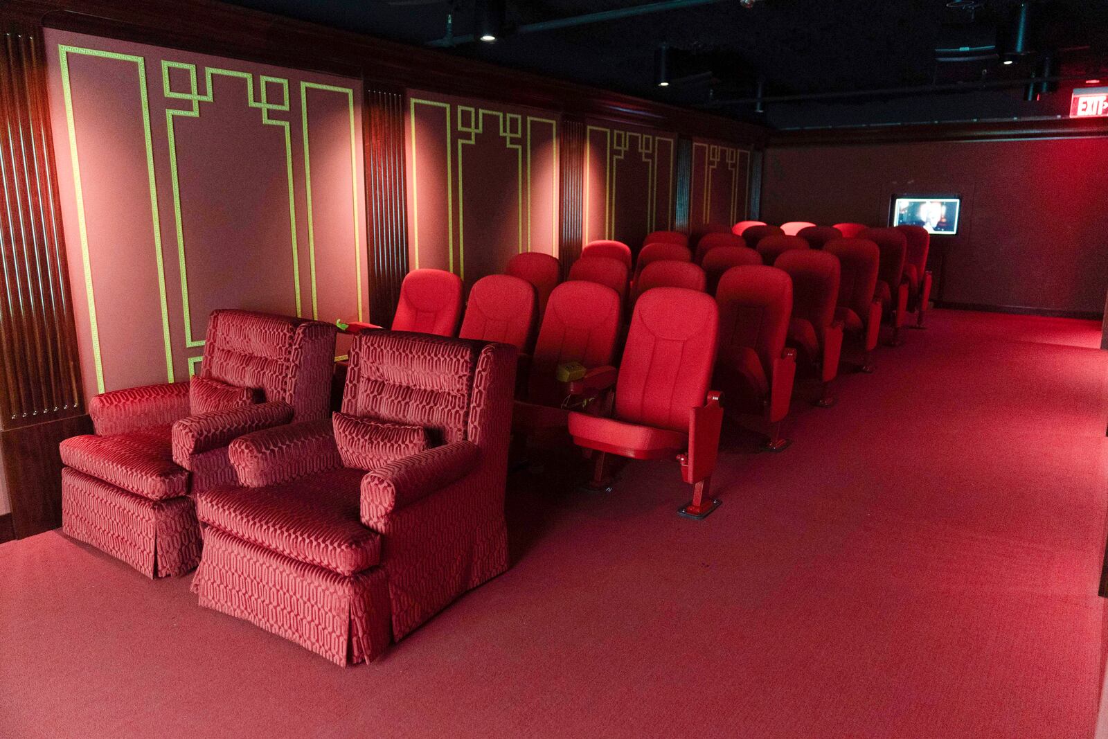 The replica of the White House movie theater room, shown at The People's House exhibit, Monday, Sept. 16, 2024 in Washington. (AP Photo/Jose Luis Magana)