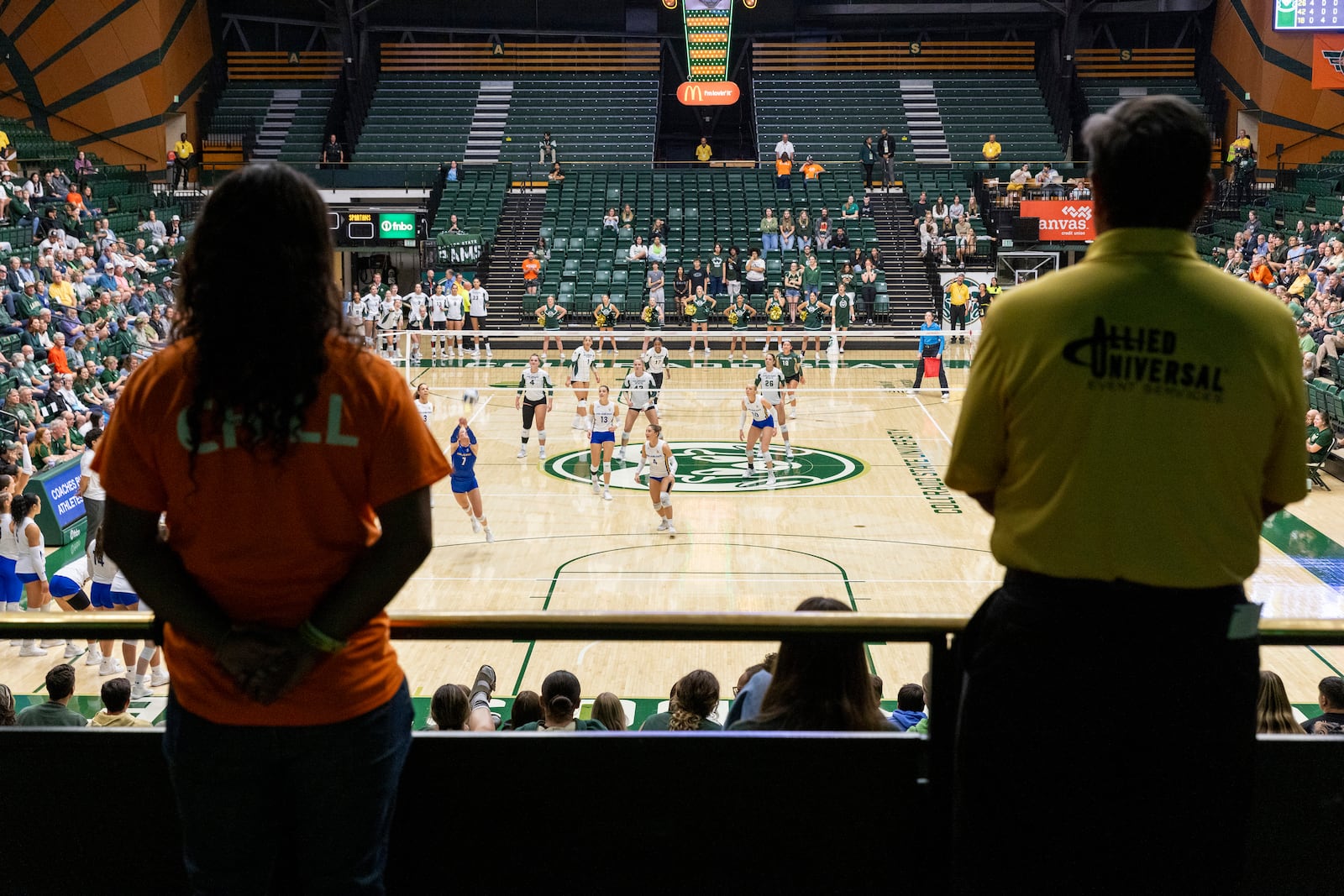 Workers monitor the NCAA Mountain West women's volleyball game between the Colorado State University Rams and San Jose State University Spartans at Moby Arena in Fort Collins, Colo., on Thursday, Oct. 3, 2024. (Santiago Mejia/San Francisco Chronicle via AP)