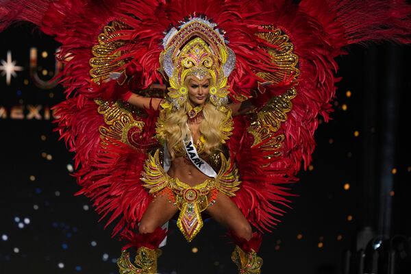 Miss Denmark Victoria Kjær Theilvig competes in the national costume competition at the Miss Universe Beauty Pageant in Mexico City, Thursday, Nov. 14, 2024. (AP Photo/Fernando Llano)