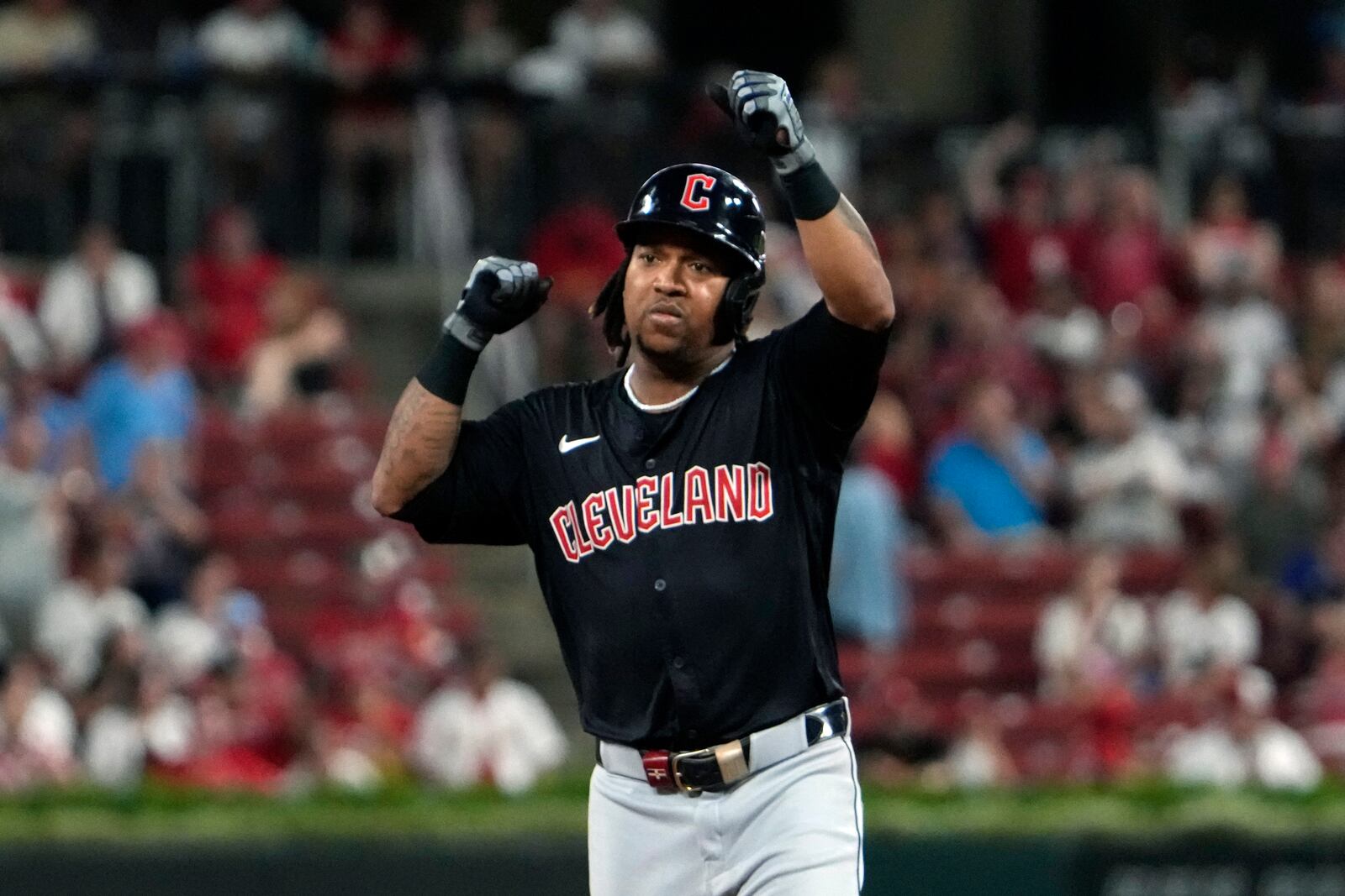 Cleveland Guardians' Jose Ramirez rounds the bases after hitting a three-run home run during the eighth inning of a baseball game against the St. Louis Cardinals Saturday, Sept. 21, 2024, in St. Louis. (AP Photo/Jeff Roberson)