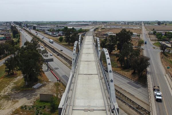 The Cedar Viaduct, designed to take high-speed trains over Cedar and North avenues and State Route 99, is shown in an aerial view, Tuesday, April 15, 2025, in Fresno, Calif. (AP Photo/Godofredo A. Vásquez)