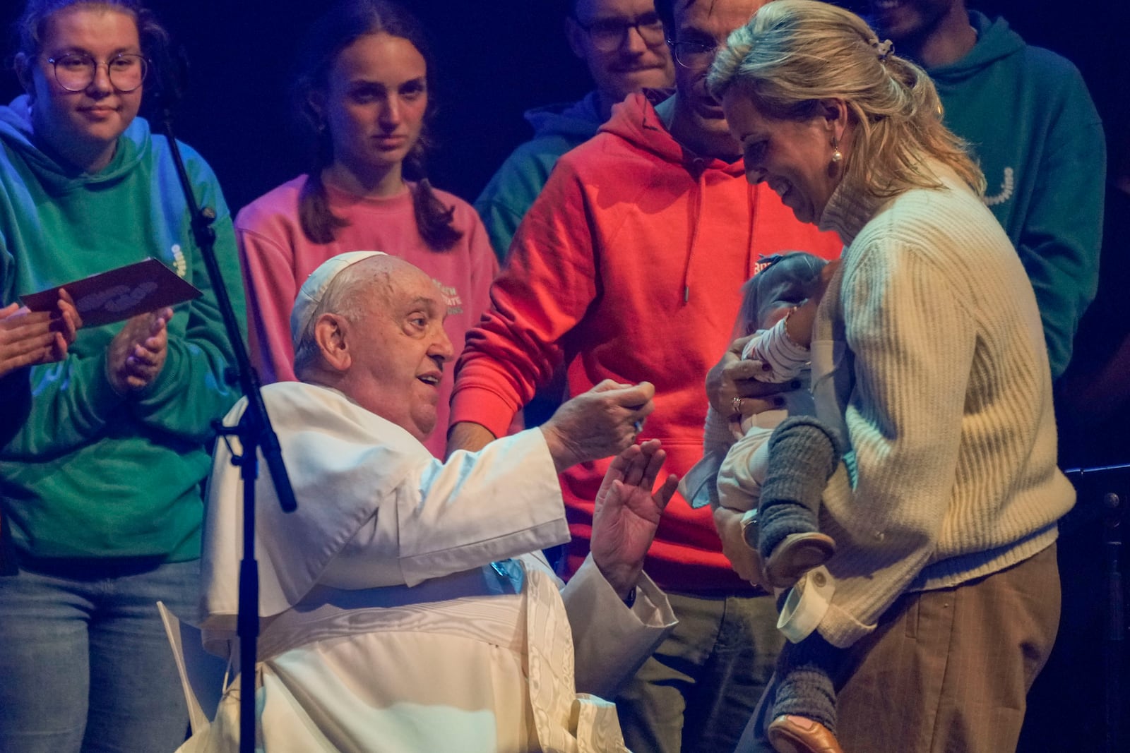 Pope Francis attends the Hope Happening youth festival at the Brussels Expo, Belgium, Saturday, Sept. 28, 2024, on the third day of his four-day visit to Luxembourg and Belgium. (AP Photo/Andrew Medichini)