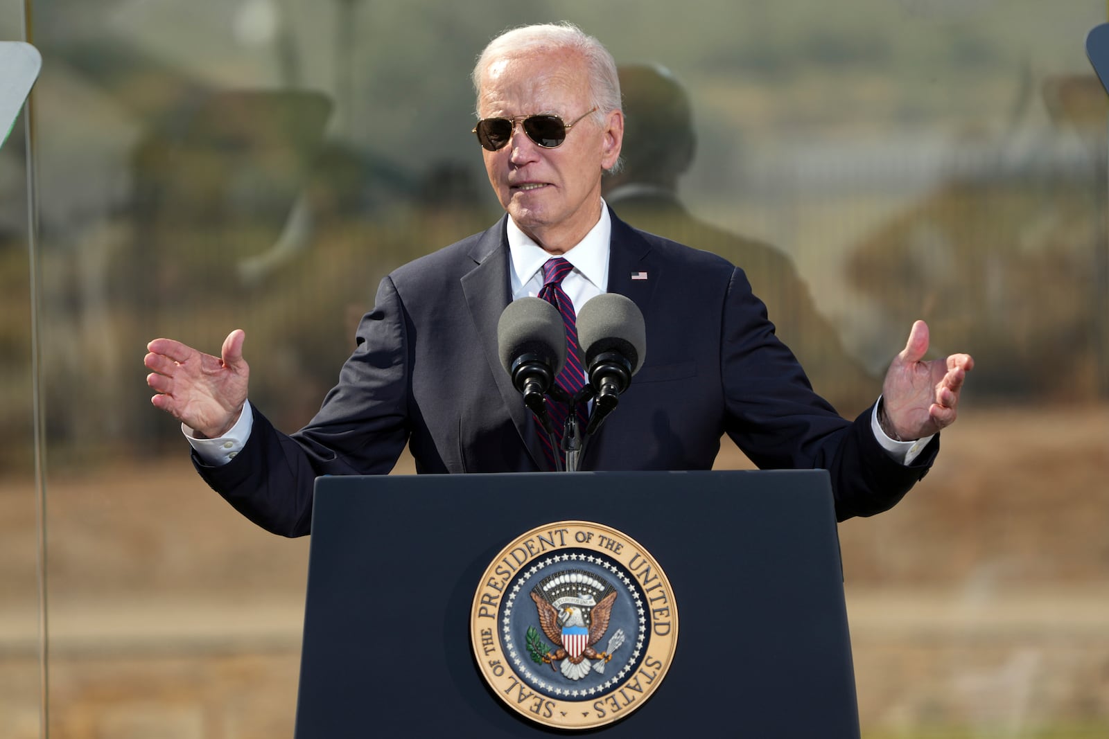 President Joe Biden speaks at the Gila Crossing Community School, Friday, Oct. 25, 2024, in Laveen, Ariz. (AP Photo/Rick Scuteri)