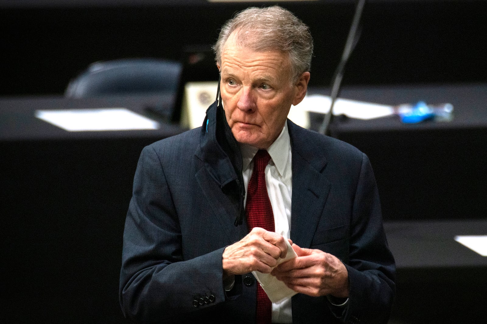 FILE - In this Jan. 8, 2021, file photo, then- Illinois House Speaker Michael Madigan appears on the floor as the Illinois House of Representatives convenes at the Bank of Springfield Center, in Springfield, Ill. (E. Jason Wambsgans/Chicago Tribune via AP, File)