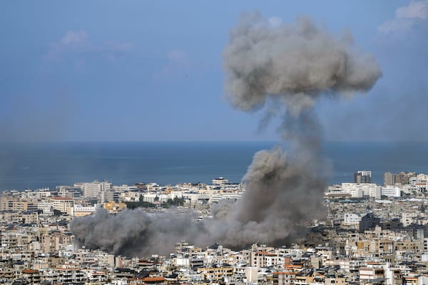 Smoke rises after an Israeli airstrike on Dahiyeh, in the southern suburb of Beirut, Lebanon, Saturday, Nov. 16, 2024. (AP Photo/Bilal Hussein)