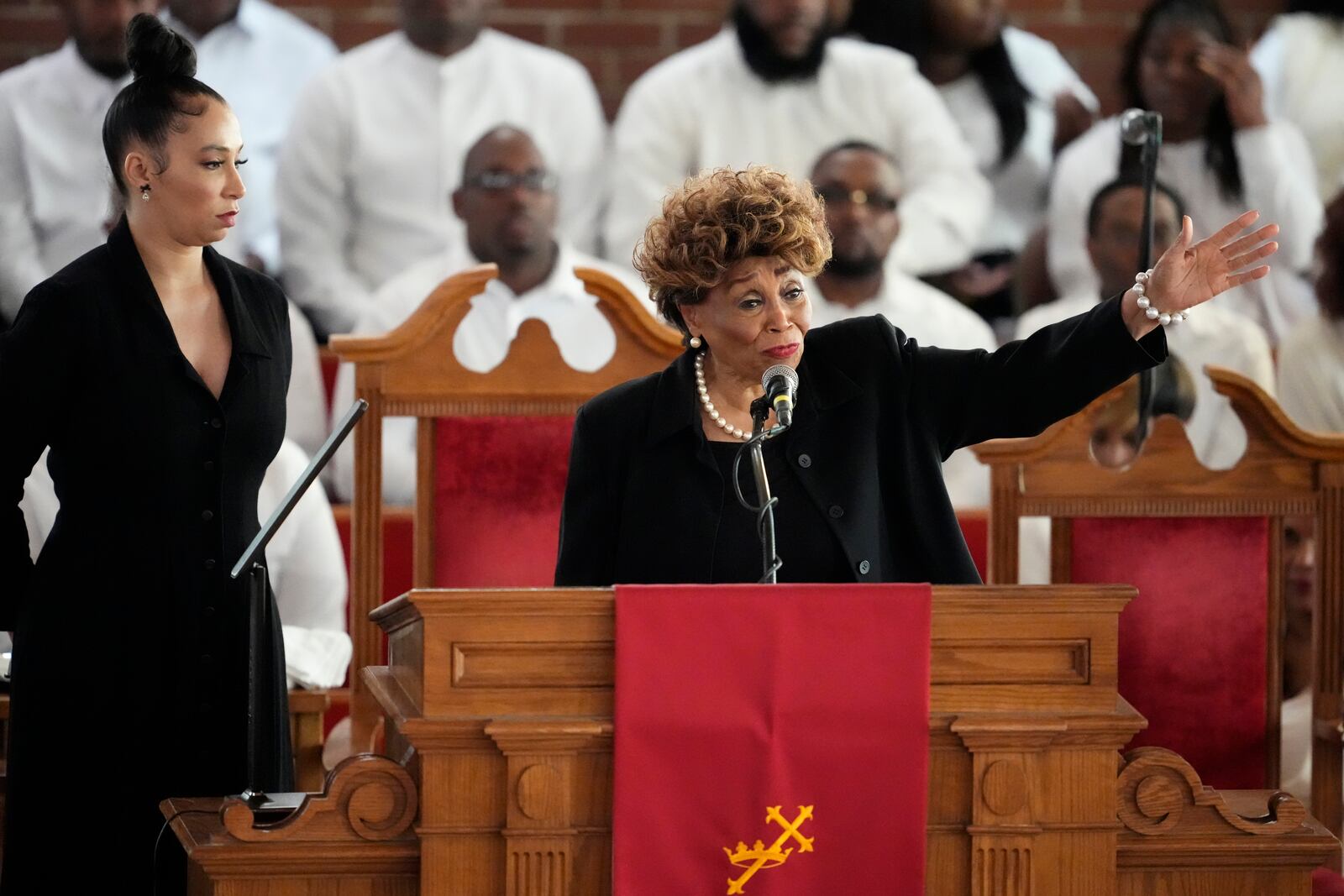 Vy Higginsen speaks during a ceremony celebrating the life of Cissy Houston on Thursday, Oct. 17, 2024, at the New Hope Baptist Church in Newark, N.J. (Photo by Charles Sykes/Invision/AP)