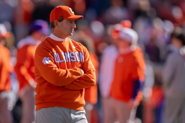 Clemson head coach Dabo Swinney looks on before an NCAA college football game against South Carolina Saturday, Nov. 30, 2024, in Clemson, S.C. (AP Photo/Jacob Kupferman)