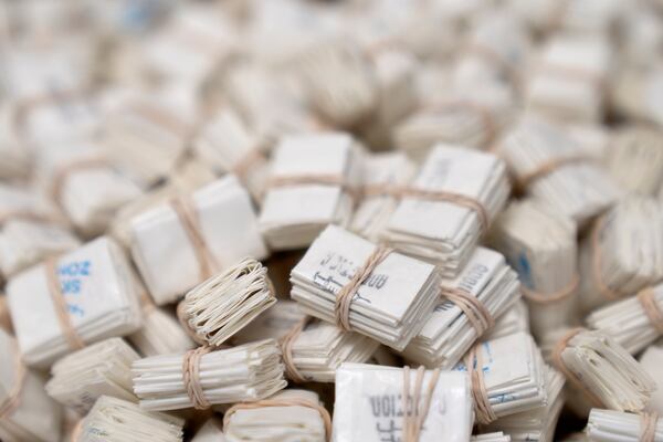Glassine envelopes used to package fentanyl pills or fentanyl powder are displayed at a Drug Enforcement Administration (DEA) research laboratory on Tuesday, April 29, 2025, in Northern Virginia. (AP Photo/Mark Schiefelbein)