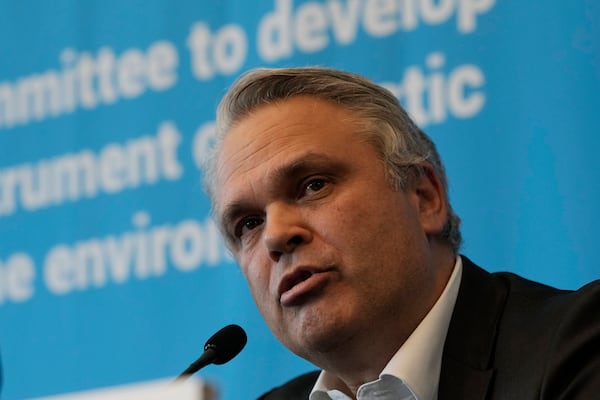 Anthony Agotha, special envoy for Climate and Environment Diplomacy, European Union, speaks during a press conference at the fifth session of the Intergovernmental Negotiating Committee on Plastic Pollution in Busan, South Korea, Sunday, Dec. 1, 2024. (AP Photo/Ahn Young-joon)