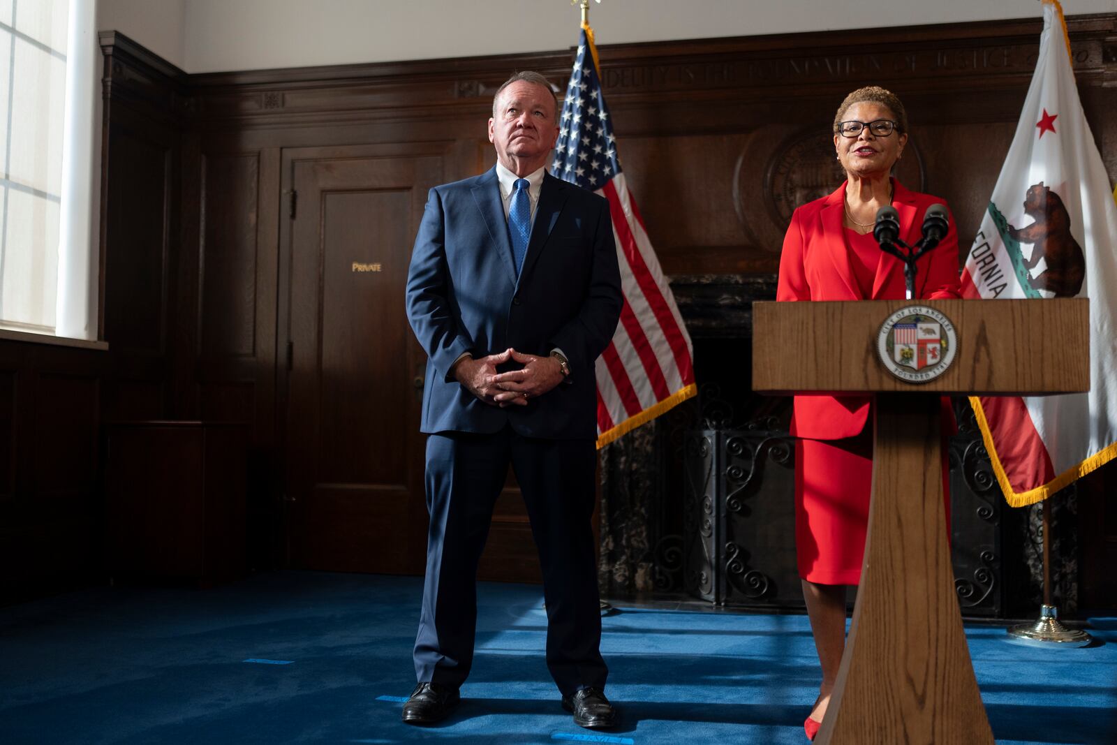 Los Angeles Mayor Karen Bass, right, introduces newly appointed police chief Jim McDonnell during a news conference in Los Angeles, Friday, Oct. 4, 2024. (AP Photo/Jae C. Hong)