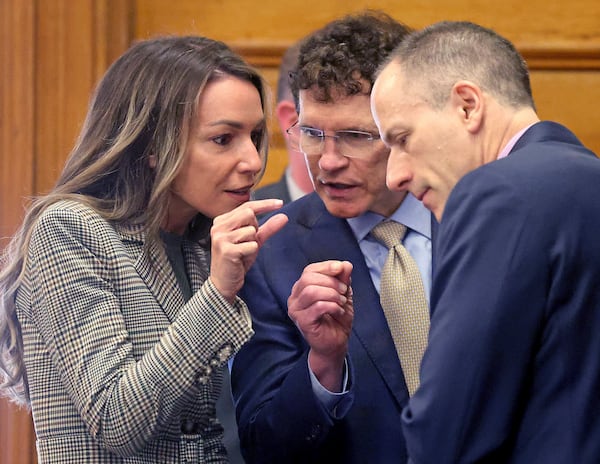 Karen Read talks with her attorneys Robert Alessi and David Yannetti during her trial at Norfolk Superior Court, Tuesday, May 6, 2025, in Dedham, Mass. (Matt Stone/The Boston Herald via AP, Pool)