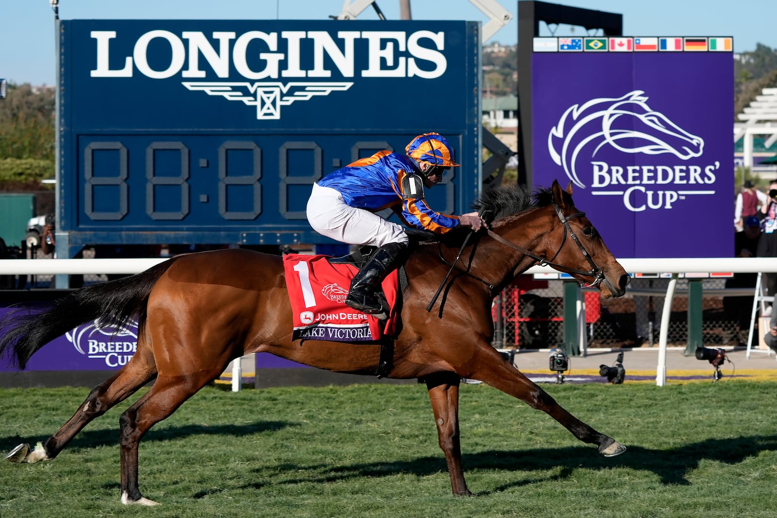 Ryan Moore rides Lake Victoria to victory in the Breeders' Cup Juvenile Fillies Turf horse race at Santa Anita Park in Del Mar, Calif., Friday, Nov. 1, 2024. (AP Photo/Gregory Bull)