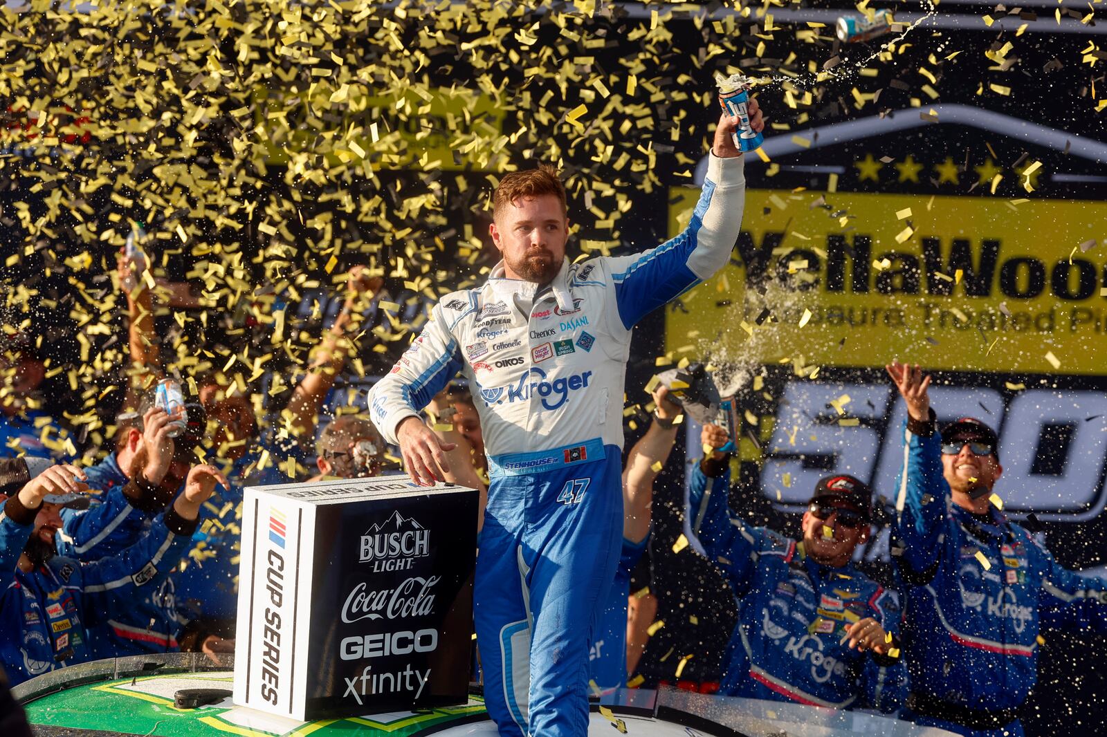 Driver Ricky Stenhouse Jr. celebrates in Victory Lane after a NASCAR Cup Series auto race at Talladega Superspeedway, Sunday, Oct. 6, 2024, in Talladega, Ala. (AP Photo/ Butch Dill)