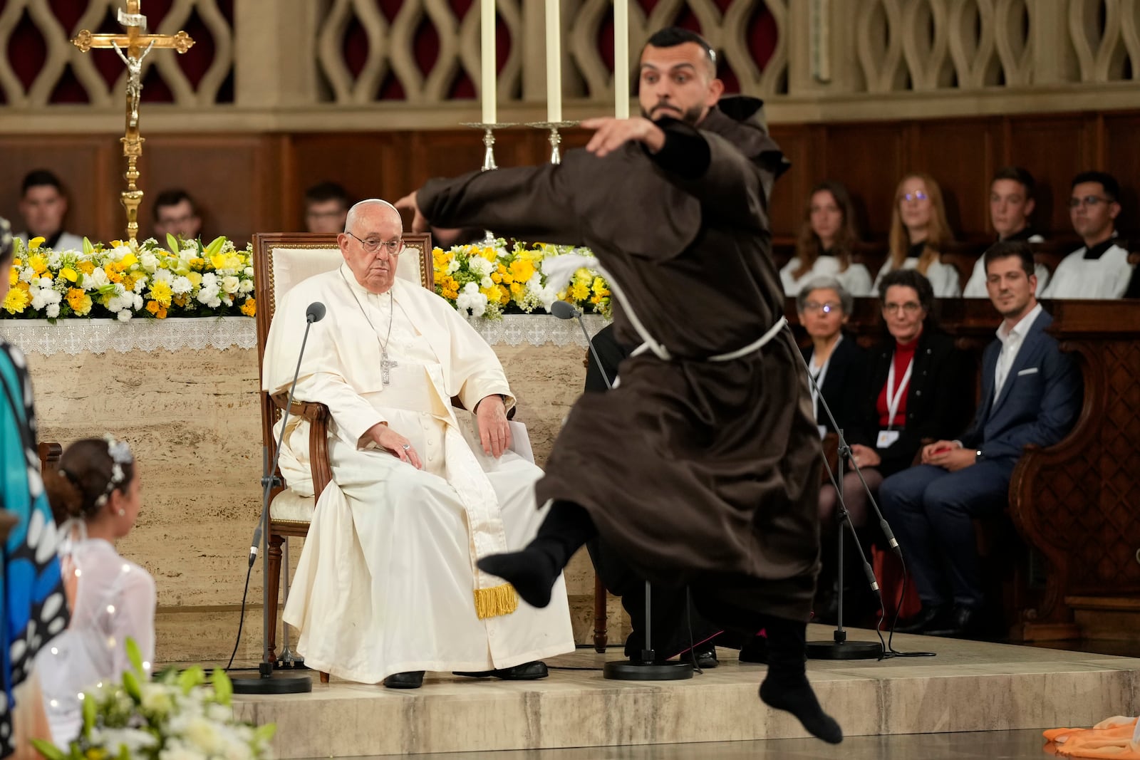 Pope Francis meets the Catholic Community in the Luxembourg's Cathedral of Notre-Dame in Luxembourg, Thursday, Sept. 26, 2024. (AP Photo/Andrew Medichini)