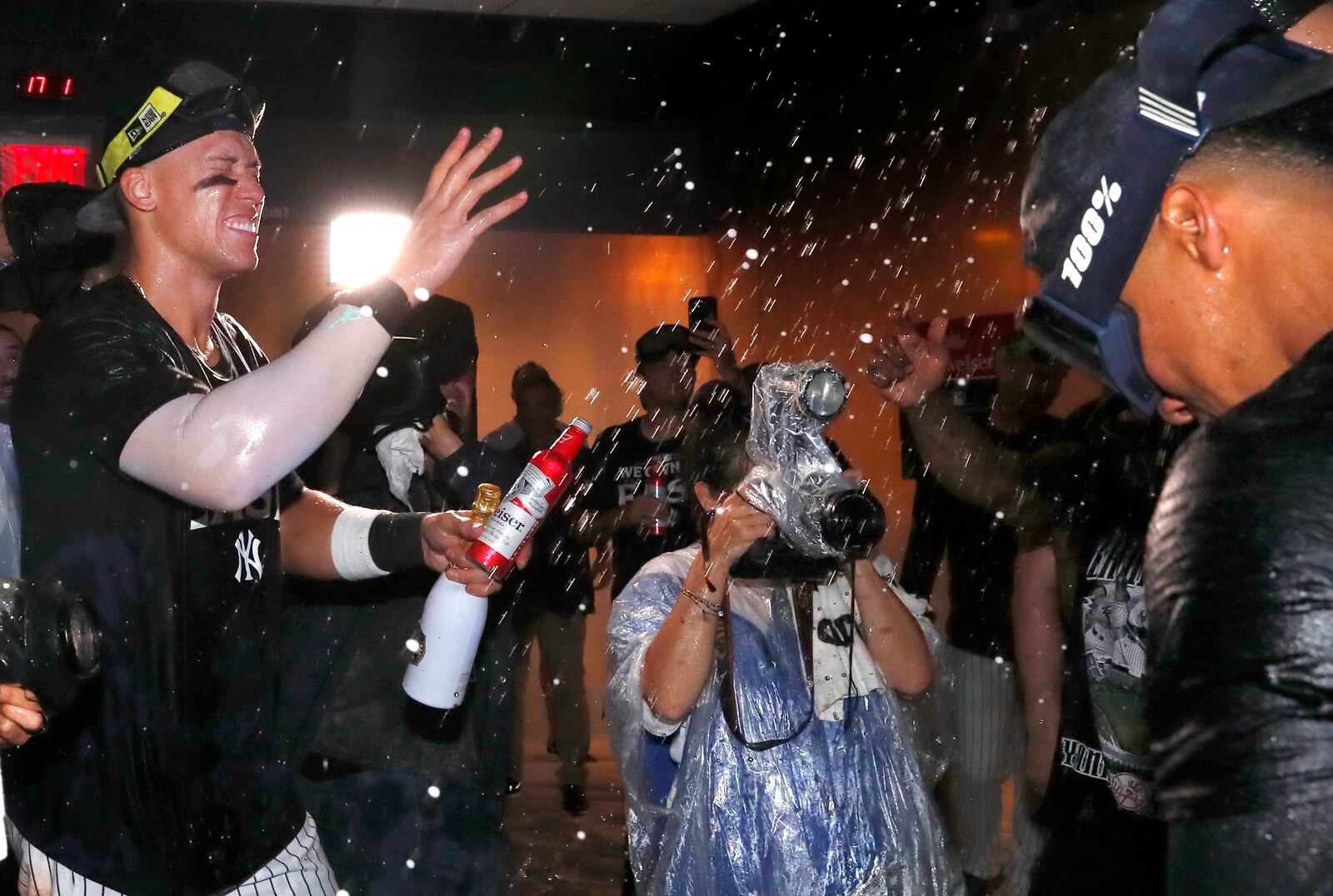 The New York Yankees celebrate after winning a baseball game against the Baltimore Orioles to clinch the American League East title Thursday, Sept. 26, 2024, in New York. (AP Photo/Noah K. Murray)