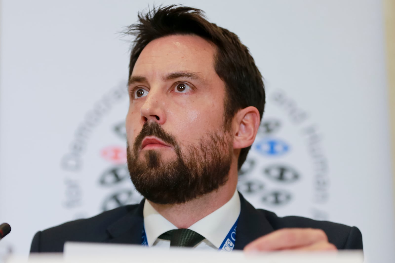 Eoghan Murphy, head of OSCE/ODIHIR observer mission, speaks to the media after the parliamentary election in Tbilisi, Georgia, Saturday, Oct. 26, 2024. (AP Photo/Zurab Tsertsvadze)