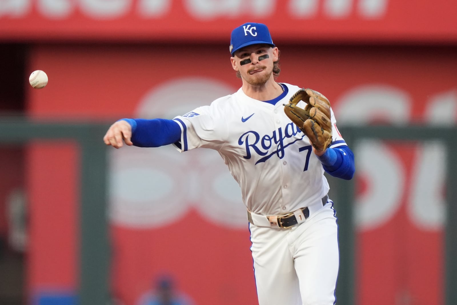 Kansas City Royals shortstop Bobby Witt Jr. throws out New York Yankees' Gleyber Torres at first during the first inning in Game 3 of an American League Division baseball playoff series Wednesday, Oct. 9, 2024, in Kansas City, Mo. (AP Photo/Charlie Riedel)