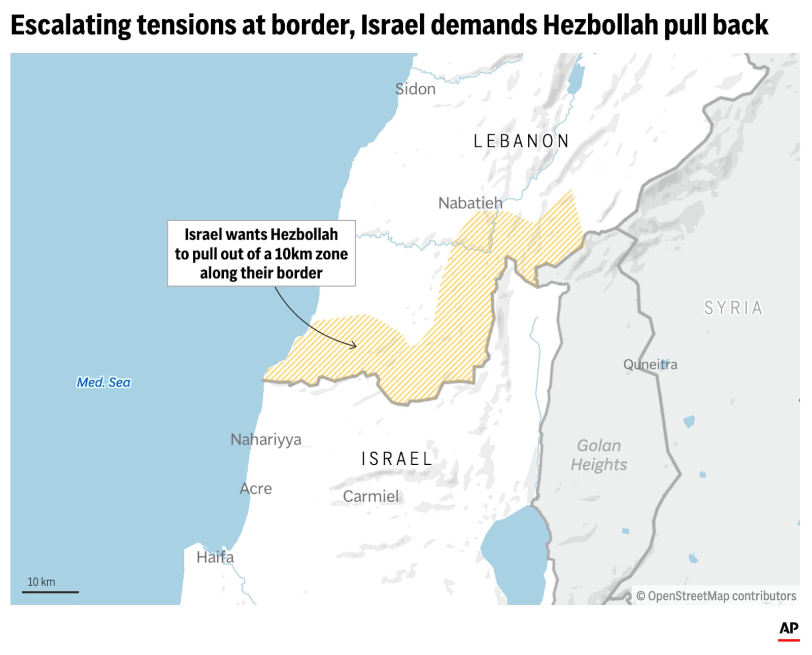 The map above shows the 10-mile buffer zone which Israel wants Hezbollah to pull out from. (AP Digital Embed)