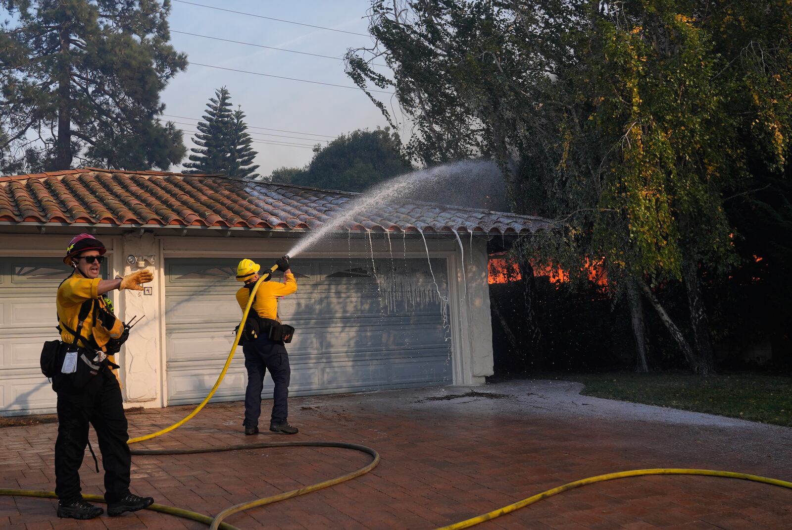 Firefighters work against the Mountain fire, Wednesday, Nov. 6, 2024, near Camarillo, Calif. (AP Photo/Marcio Jose Sanchez)