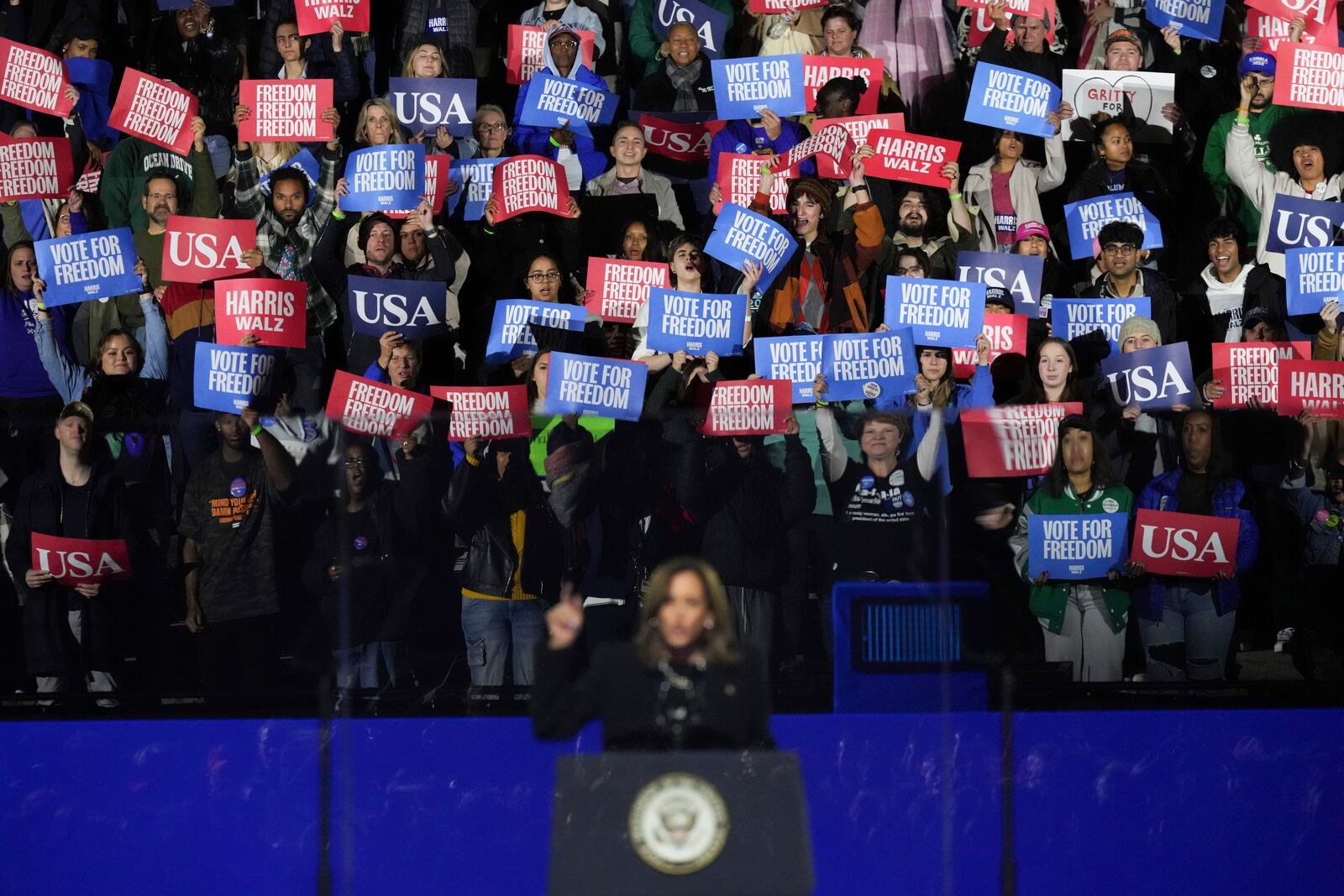 Democratic presidential nominee Vice President Kamala Harris speaks during a campaign rally outside the Philadelphia Museum of Art, Monday, Nov. 4, 2024, in Philadelphia. (AP Photo/Matt Slocum)