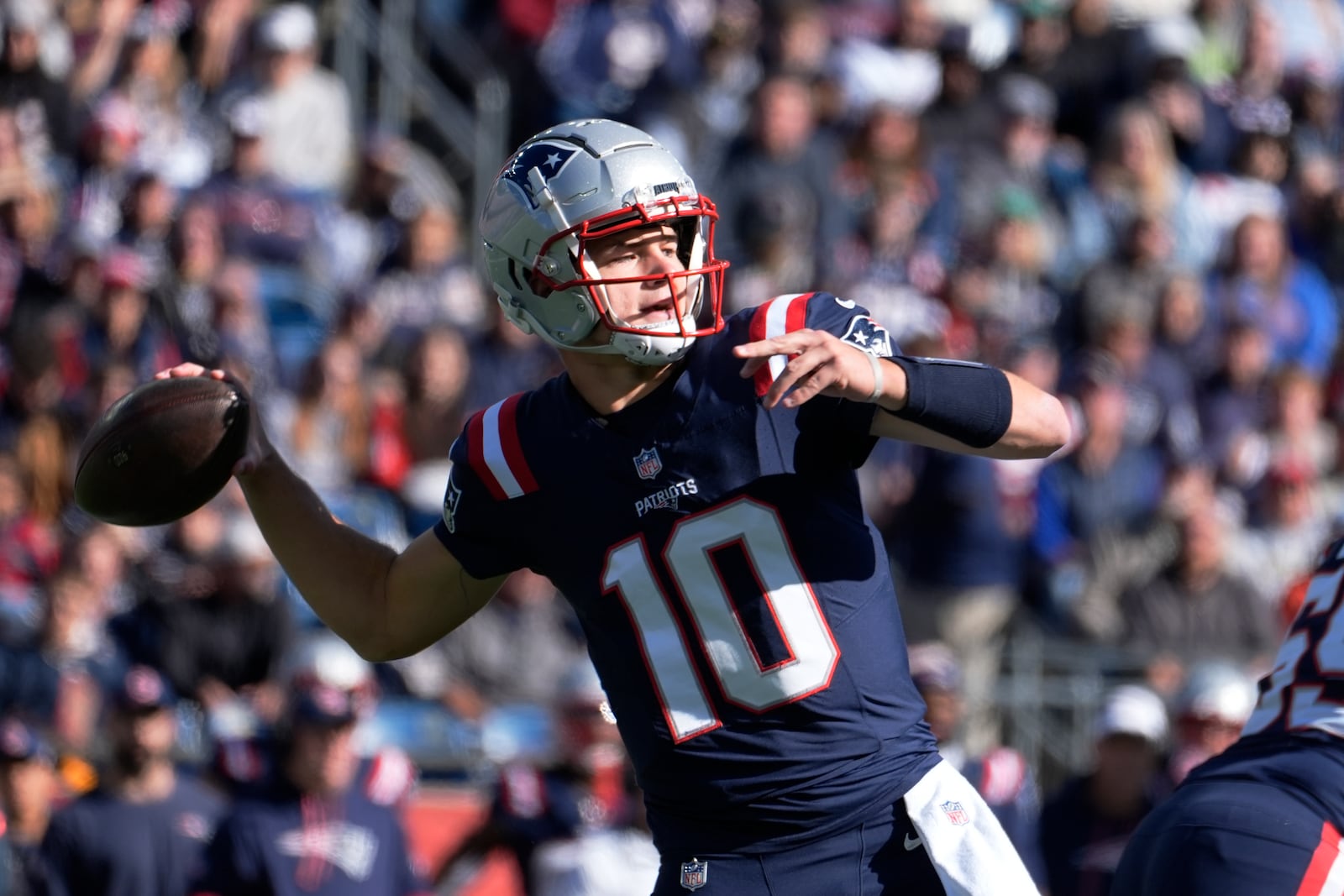 New England Patriots quarterback Drake Maye passes the ball in the first half of an NFL football game against the New York Jets, Sunday, Oct. 27, 2024, in Foxborough, Mass. (AP Photo/Michael Dwyer)