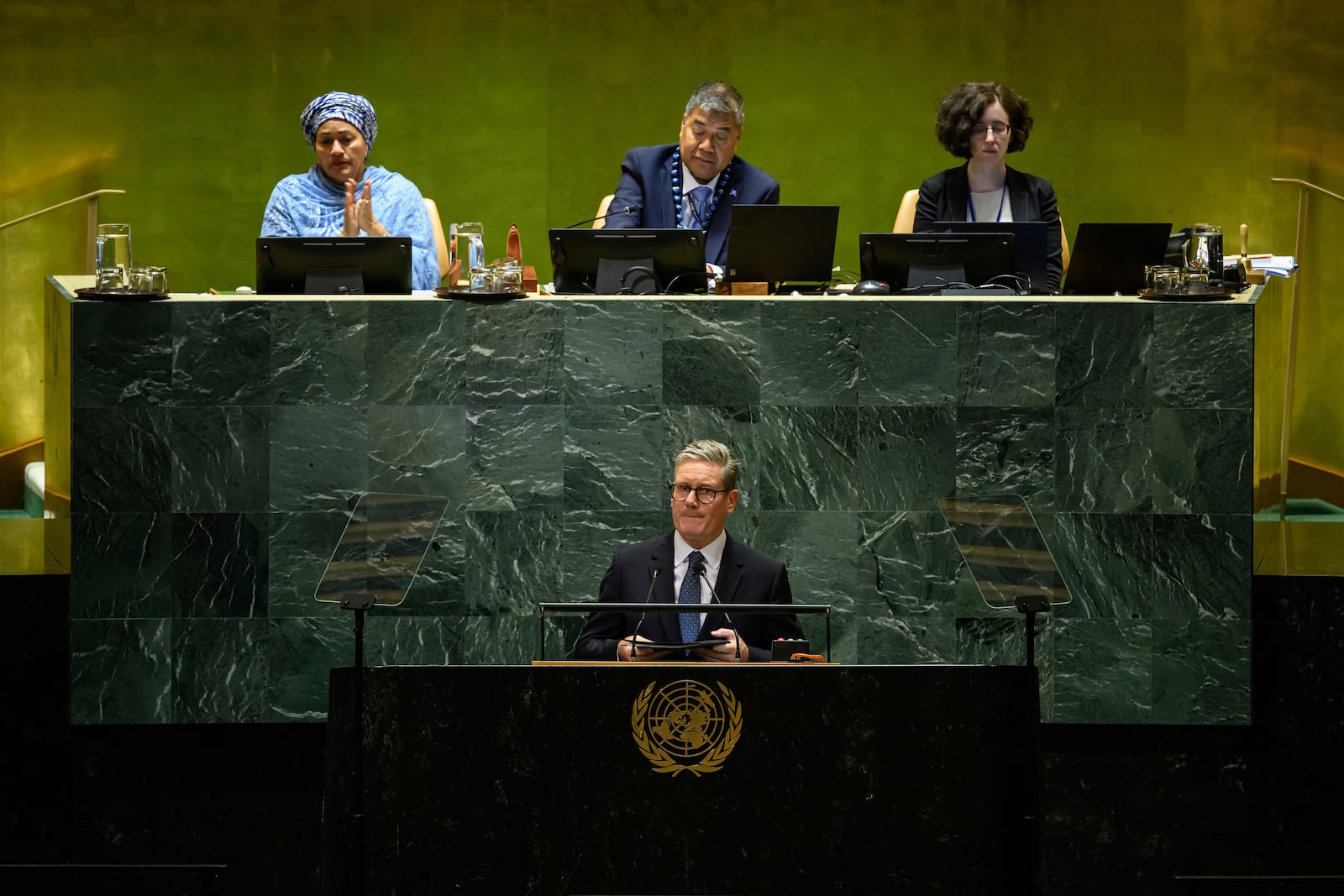 Britain's Prime Minister Keir Starmer addresses the 79th session of the United Nations General Assembly, Thursday, Sept. 26, 2024, at U.N. headquarters. (Leon Neal/Pool Photo via AP)