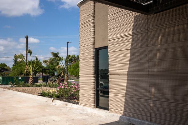 A view of the exterior shows a 3D printed Starbucks building Monday, April 28, 2025, in Brownsville, Texas. (AP Photo/Michael Gonzalez)