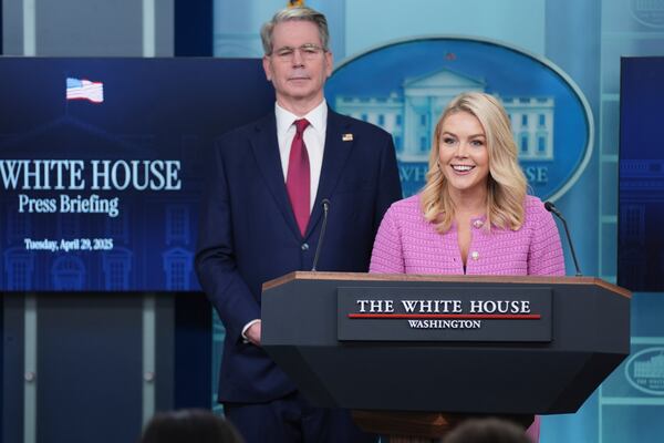 White House press secretary Karoline Leavitt speaks during a briefing with Treasury Secretary Scott Bessent at the White House, Tuesday, April 29, 2025, in Washington. (AP Photo/Evan Vucci)