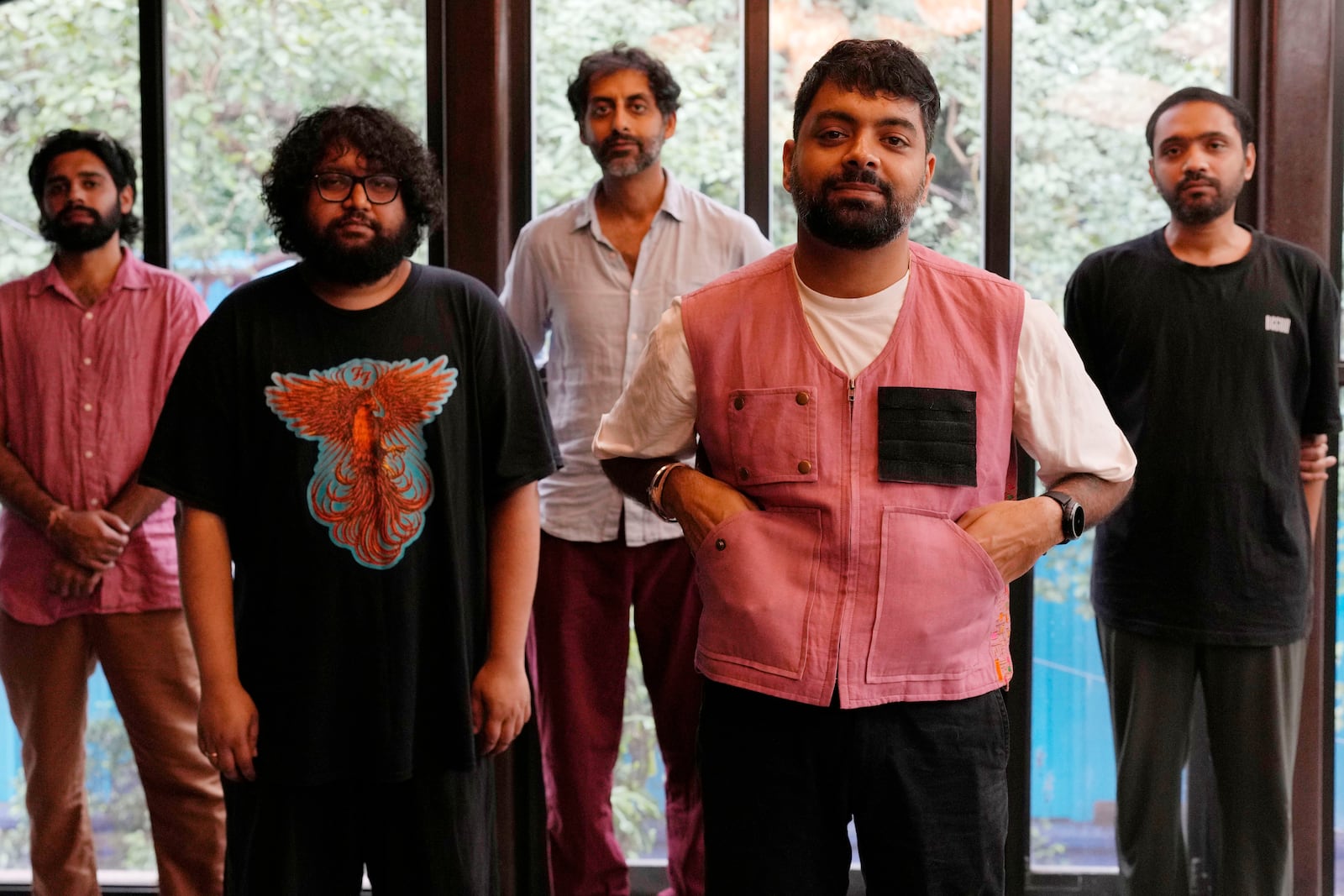 From left, Dhruv Bhola, Kartik Pillai, Suryakant Sawhney, Karan Singh, and Rohit Gupta of Peter Cat Recording Co pose for a photograph in Mumbai, India, Friday, Aug. 2, 2024. (AP Photo/Rajanish Kakade))