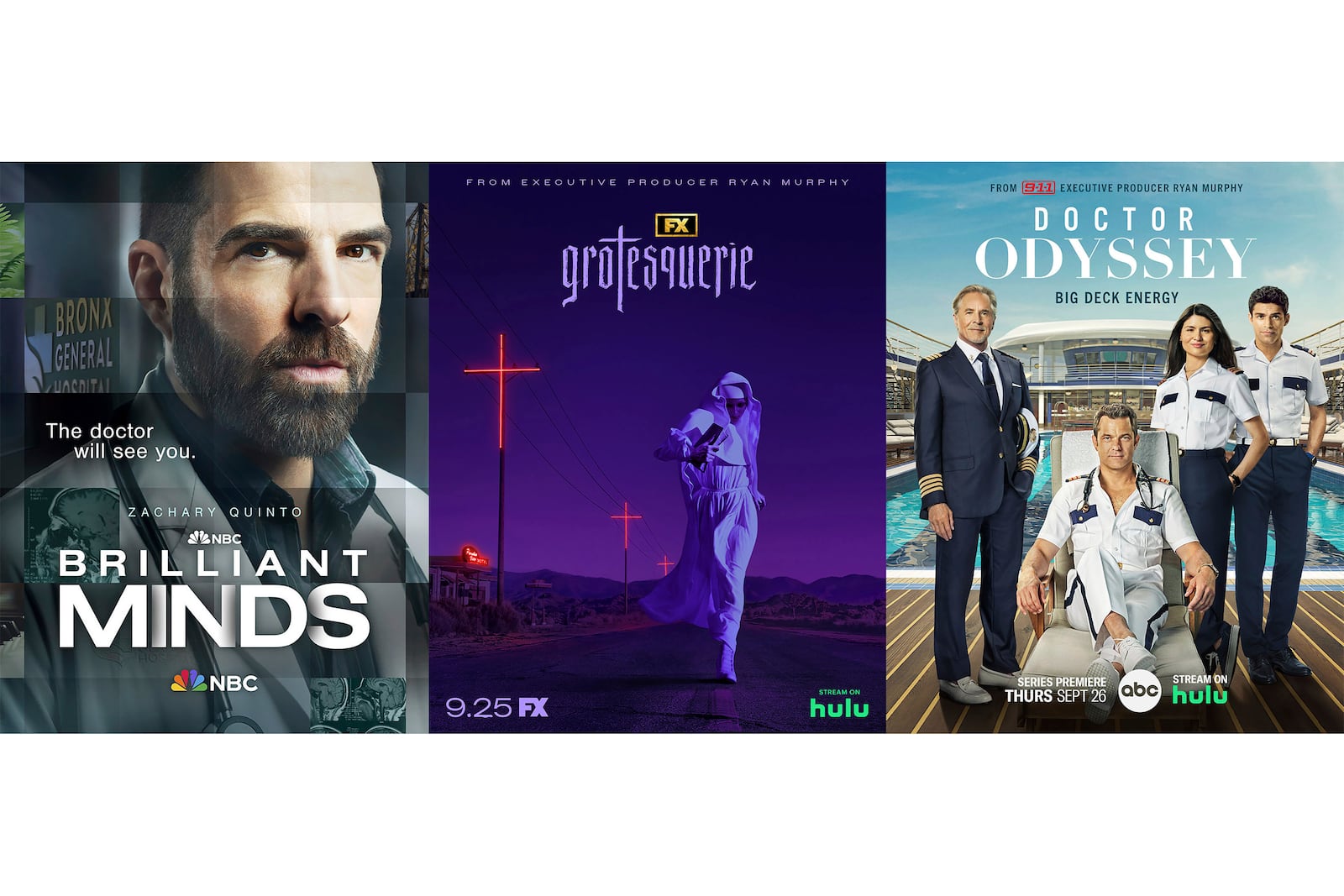 This combination of images shows promotional art for "Brilliant Minds," left, "Grotesquerie," center, and "Doctor Odyssey." (NBC/FX/ABC via AP)