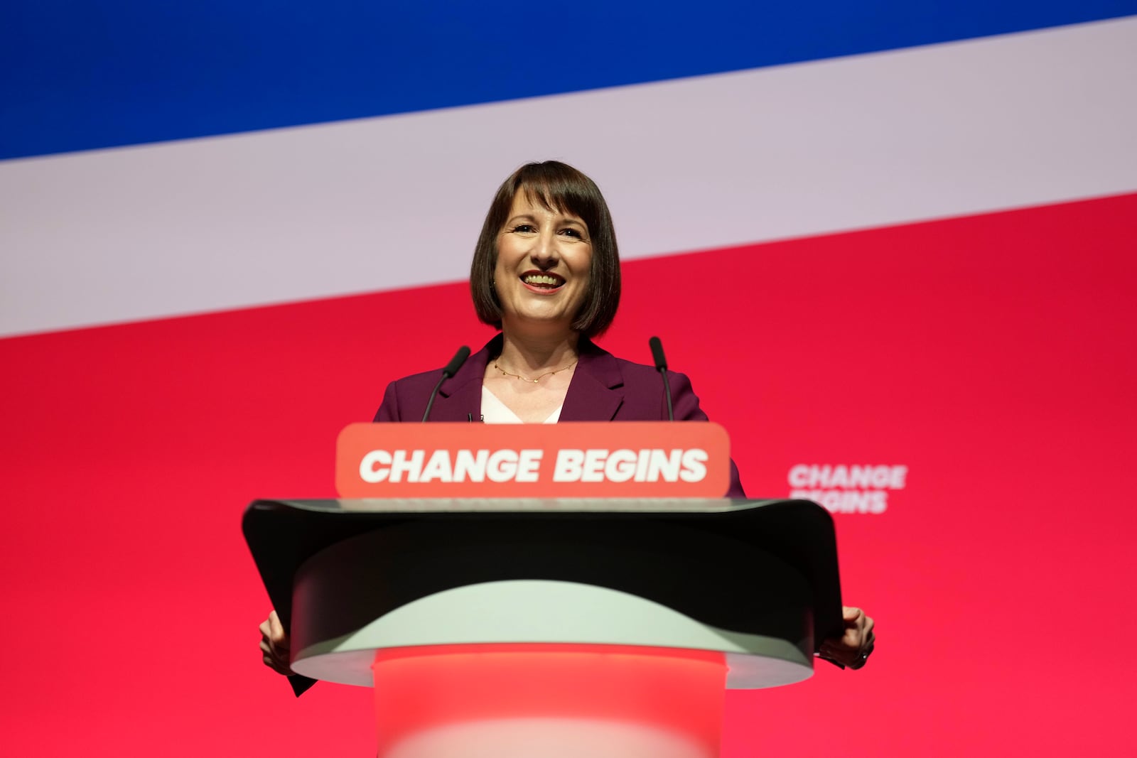 Britain's Chancellor of the Exchequer Rachel Reeves speaks during the Labour Party Conference in Liverpool, England, Monday, Sept. 23, 2024.(AP Photo/Jon Super)