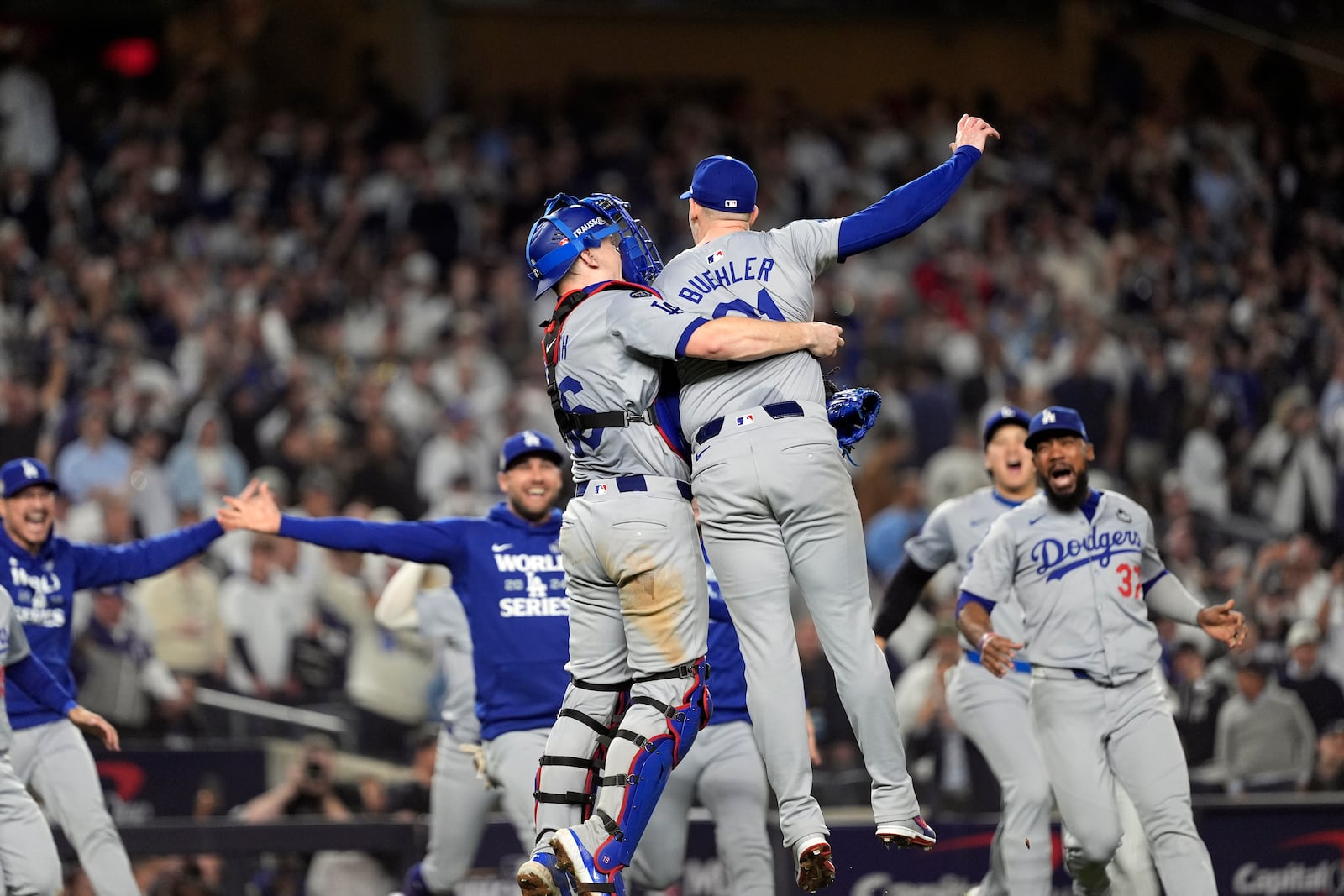 The Los Angeles Dodgers celebrate their win against the New York Yankees in Game 5 to win the baseball World Series, Wednesday, Oct. 30, 2024, in New York. (AP Photo/Godofredo A. Vásquez)