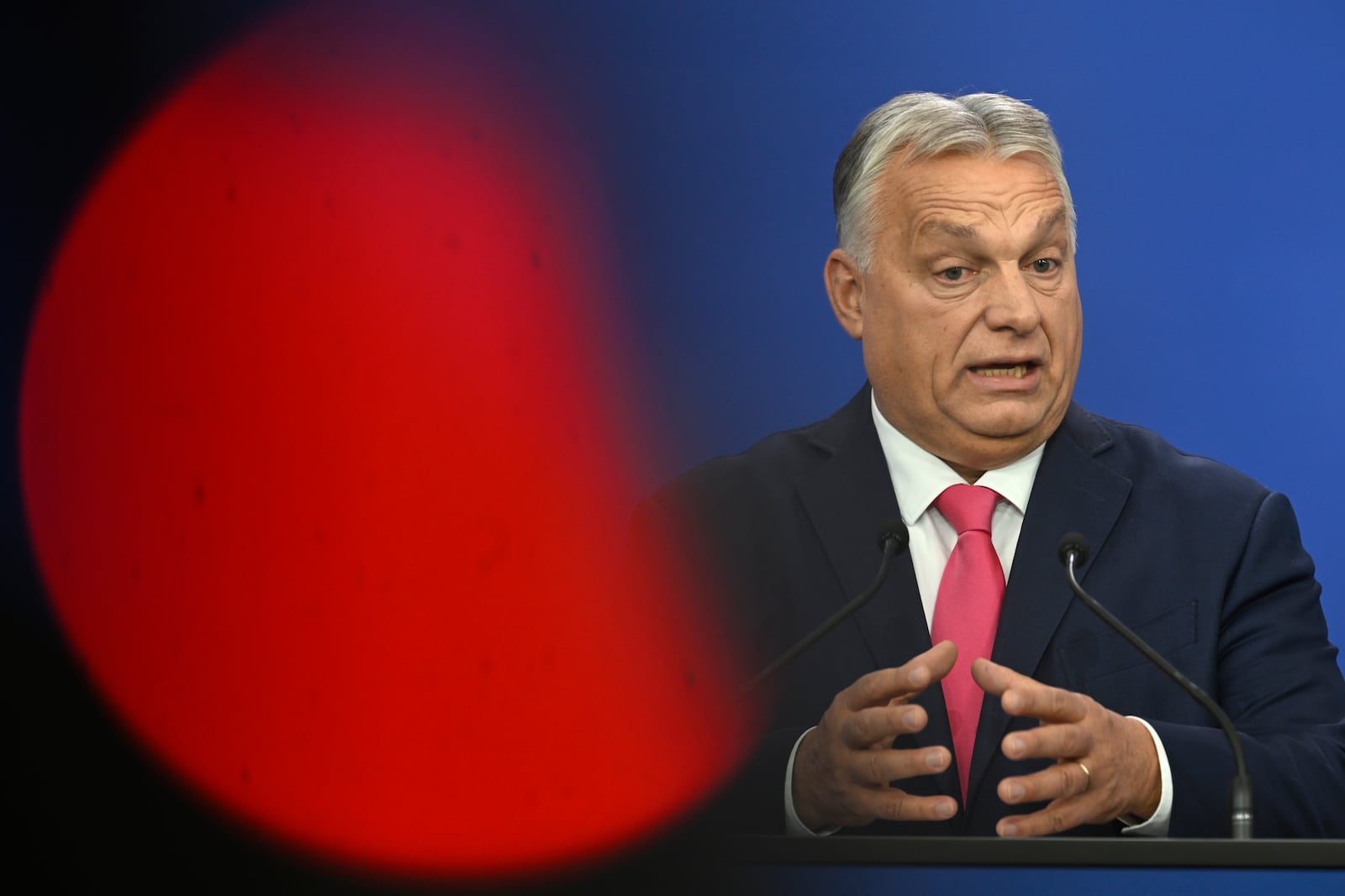 Hungary's Prime Minister Viktor Orban speaks during a press conference during the European Political Community (EPC) Summit at the Puskas Arena in Budapest , Hungary, Thursday, Nov. 7, 2024. (AP Photo/Denes Erdos)