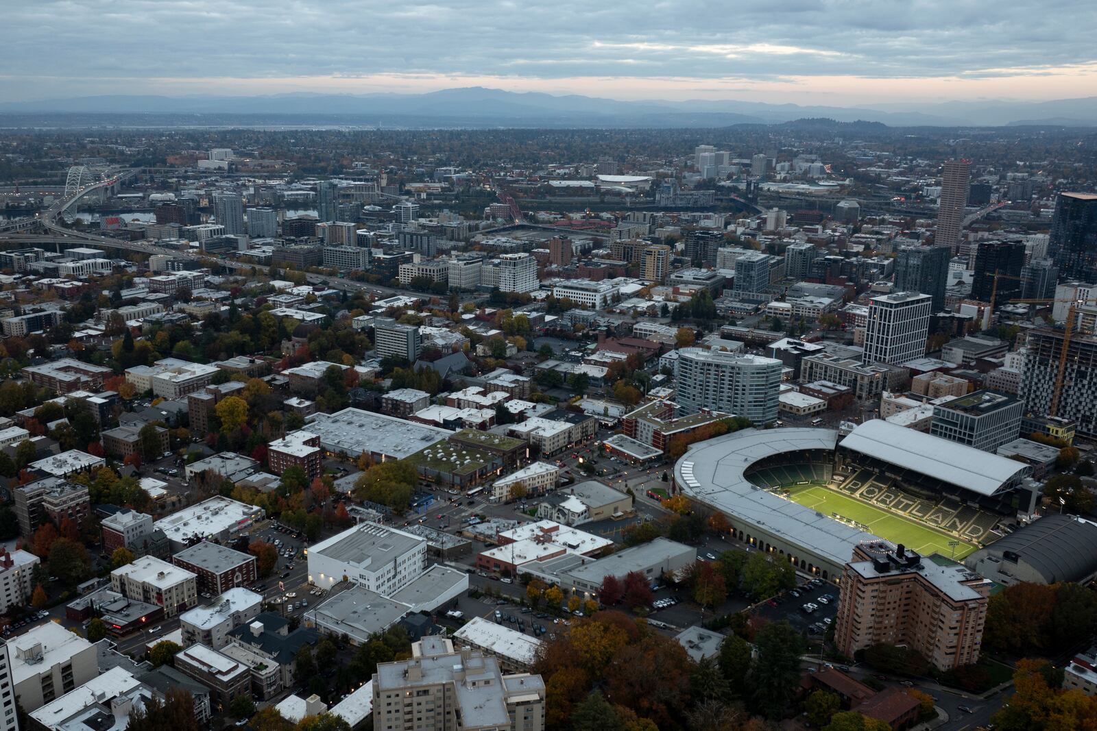 FILE - Providence Park stadium, where the Portland Timbers soccer team play, is seen at right, on Tuesday, Oct. 29, 2024, in Portland, Ore. (AP Photo/Jenny Kane, File)