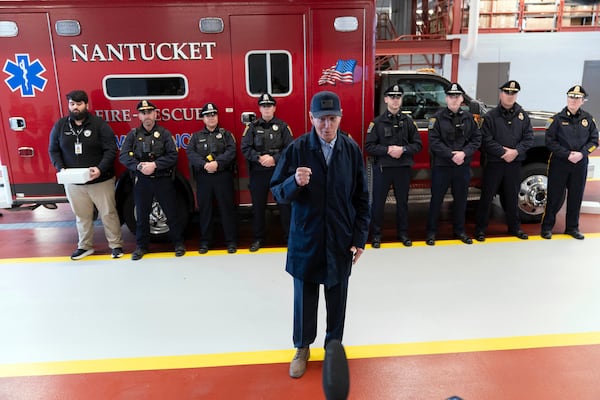 President Joe Biden talks to the media during a visit to Nantucket fire station on Thanksgiving day in Nantucket Mass., Thursday, Nov. 28, 2024. (AP Photo/Jose Luis Magana)