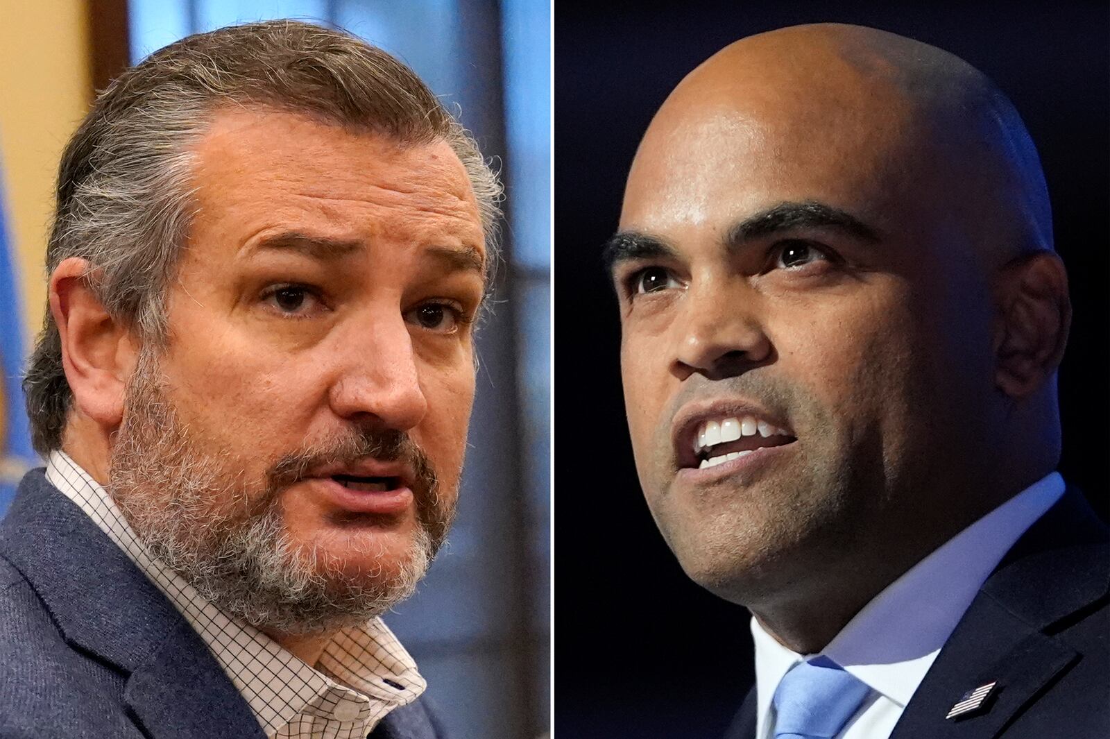 FILE - This combination of images shows from left, Sen. Ted Cruz, R-Texas, in Oklahoma City, on April 13, 2022, and Democratic opponent, Rep. Colin Allred, D-Texas, in Chicago, on Aug. 22, 2024. (AP Photo Sue Ogrocki, left; and Paul Sancya, File)