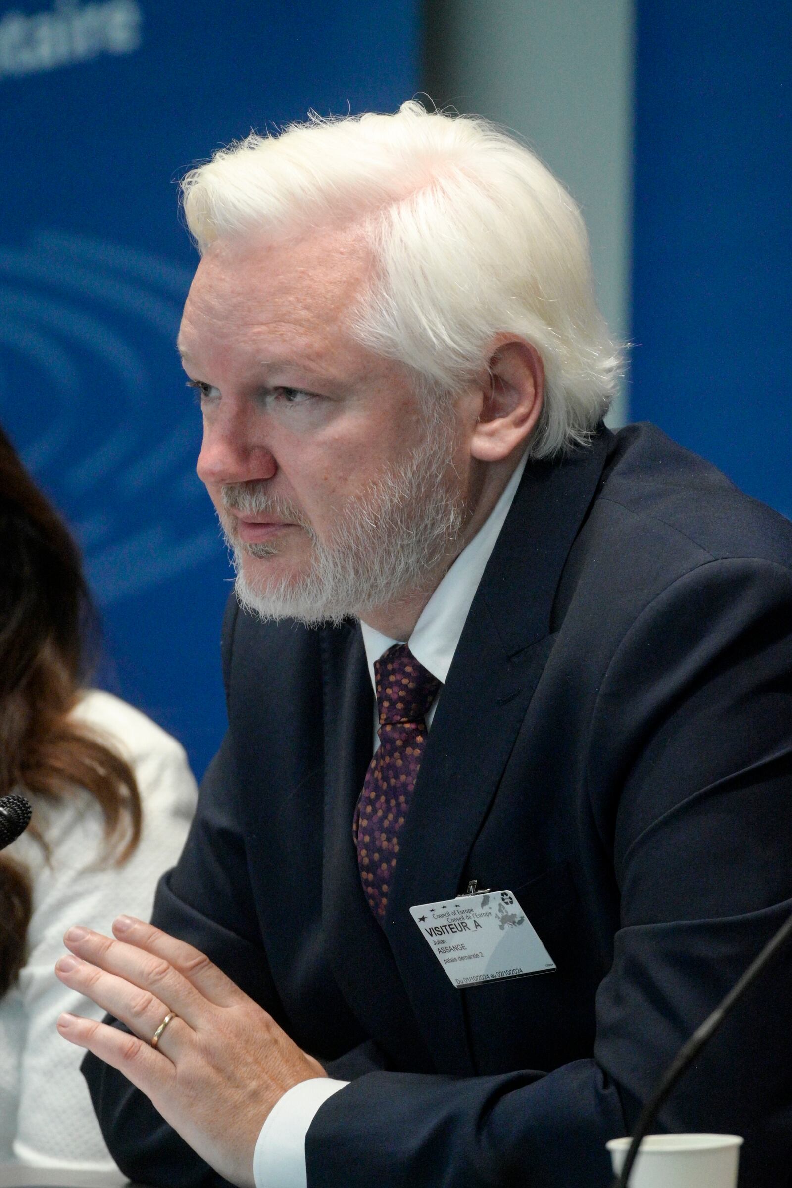 Wikileaks founder Julian Assange addresses the Council of Europe in Strasbourg, eastern France, Tuesday, Oct. 1, 2024. (AP Photo/Pascal Bastien)