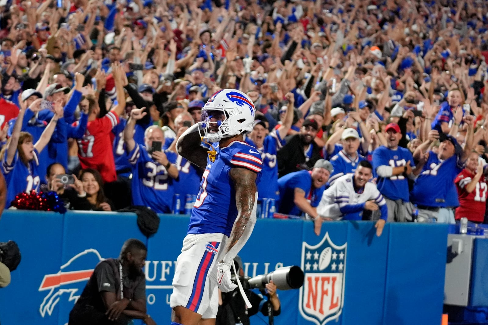 Buffalo Bills wide receiver Keon Coleman celebrates after scoring a touchdown against the Jacksonville Jaguars during the first half of an NFL football game Monday, Sept. 23, 2024, in Orchard Park, NY. (AP Photo/Steven Senne)